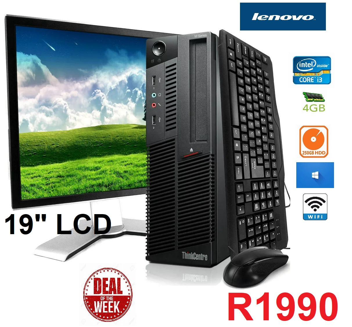 LENOVO THINKCENTRE M91P SFF - intel i3 - 4GB DDR3 - 250GB HDD - 19INCH - GENERIC - LCD -WIFI-WINDOWS 10 COMPUTER SET