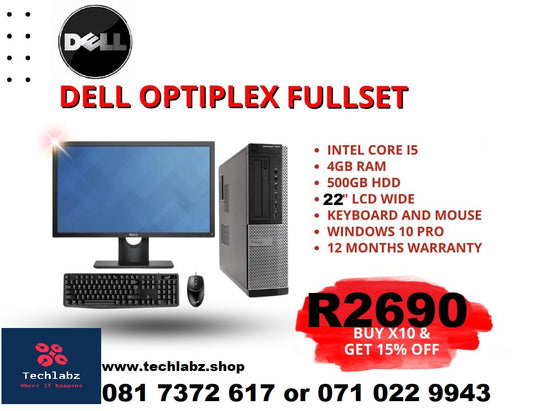 Dell OptiPlex i5 FULLSET intel core i5 , 4GB RAM, 500GB HDD 22″ LCD, Keyboard, Mouse,ifi Windows 10 Pro,  R2690-00