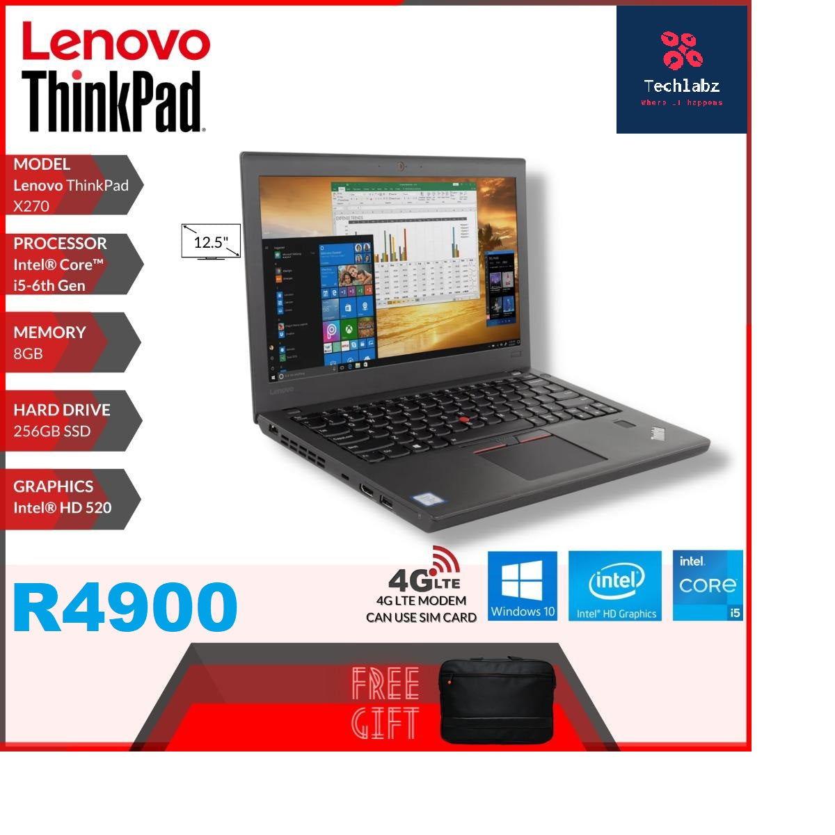 LENOVO THINKPAD X270 - I5 6200U - 8GB DDR4 - 256GB SSD - WINDOWS 10 PRO 64 BIT - REFURBISHED 12.5 INCH LAPTOP